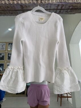 Maeve White Ribbed Bell-Sleeve Sweater